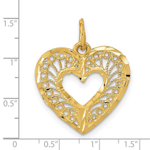 14k Yellow Gold Diamond Cut Filigree Heart Charm or Pendant, 17mm