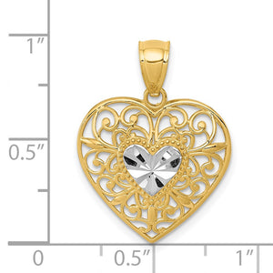 14k Yellow Gold and White Rhodium Filigree Heart Pendant, 17mm