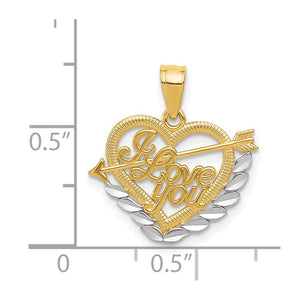 14k Yellow Gold and White Rhodium I Love You Heart Pendant, 17mm