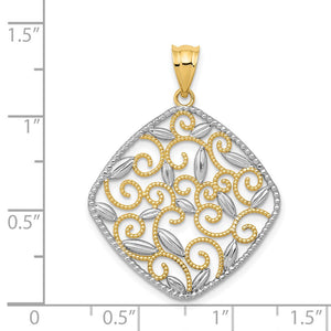 14k Yellow Gold & White Rhodium Vine Filigree Rhombus Pendant, 25mm
