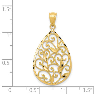 14k Yellow Gold Vine Filigree Teardrop Pendant, 20mm (3/4 inch)