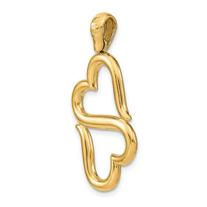 14k Yellow Gold Two Hearts Combined Pendant, 15mm