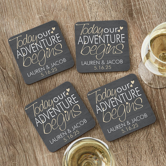 Adventure Begins Wedding Coasters