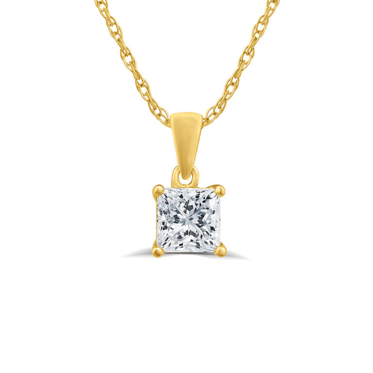Lab Grown Princess Cut Yellow Gold GH SI Solitaire Diamond Necklace