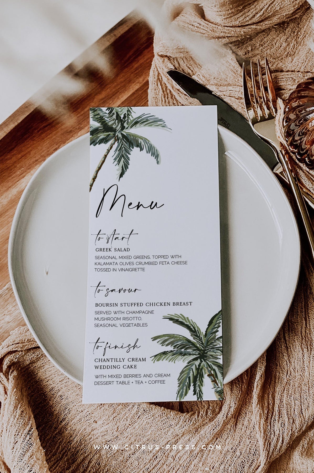 Palm Tree Wedding Menu | Printable Template