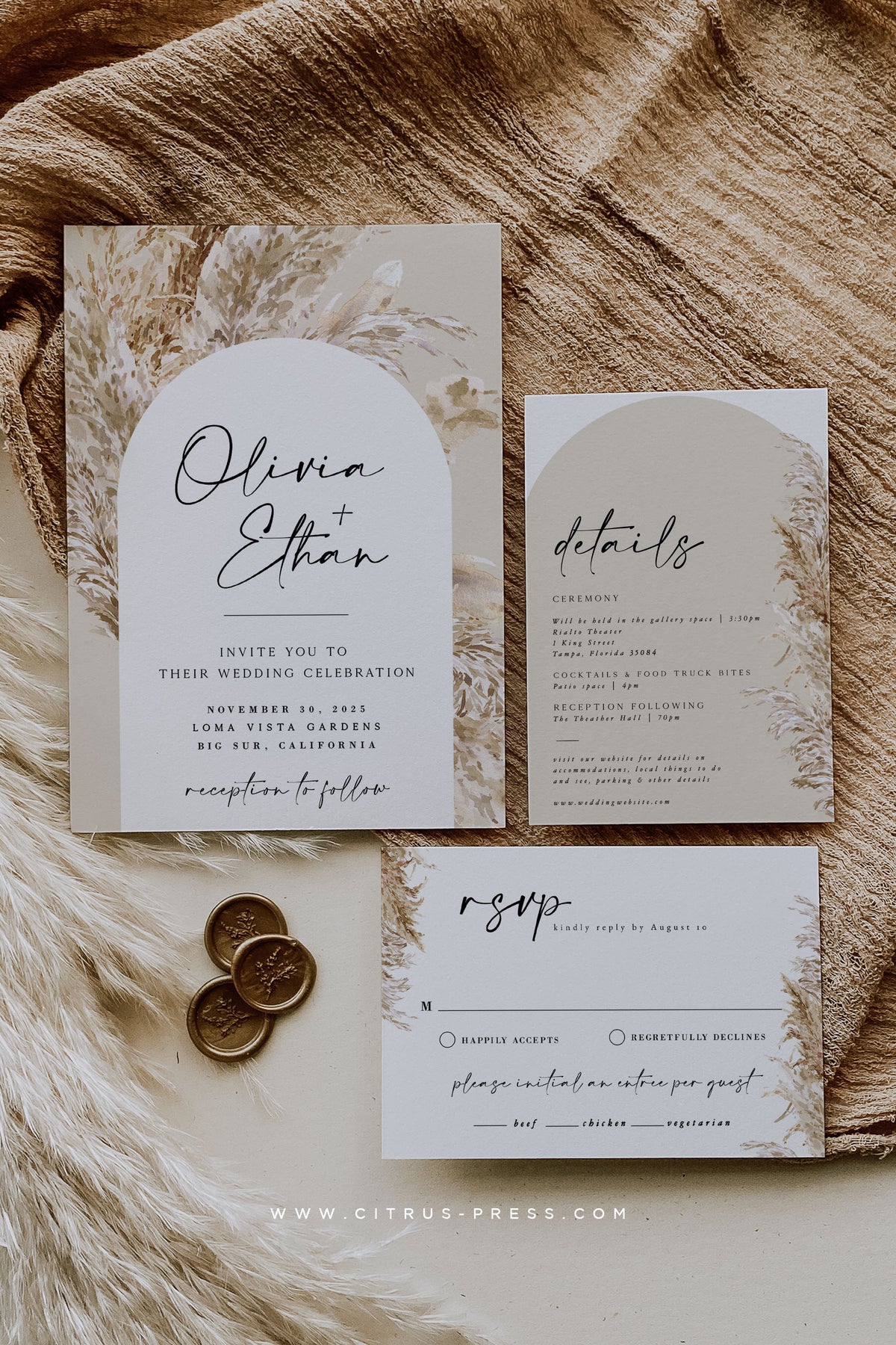 Pampas Grass Arch Wedding Invitation | Ava