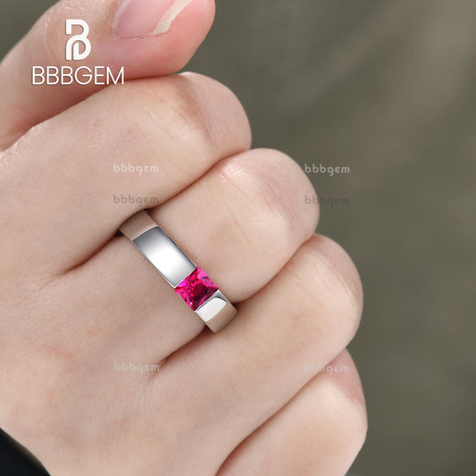 Flush Set Square Princess Cut Lab Ruby Men's Polished Wedding Band in White Gold