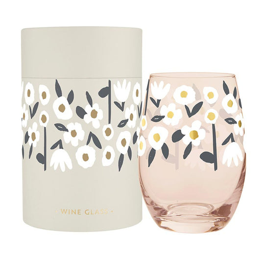Gold Foil Stemless Wine Glass - Flowers