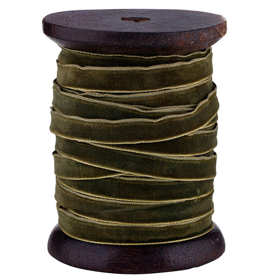 Gold Edge Velvet Ribbon - Olive Green