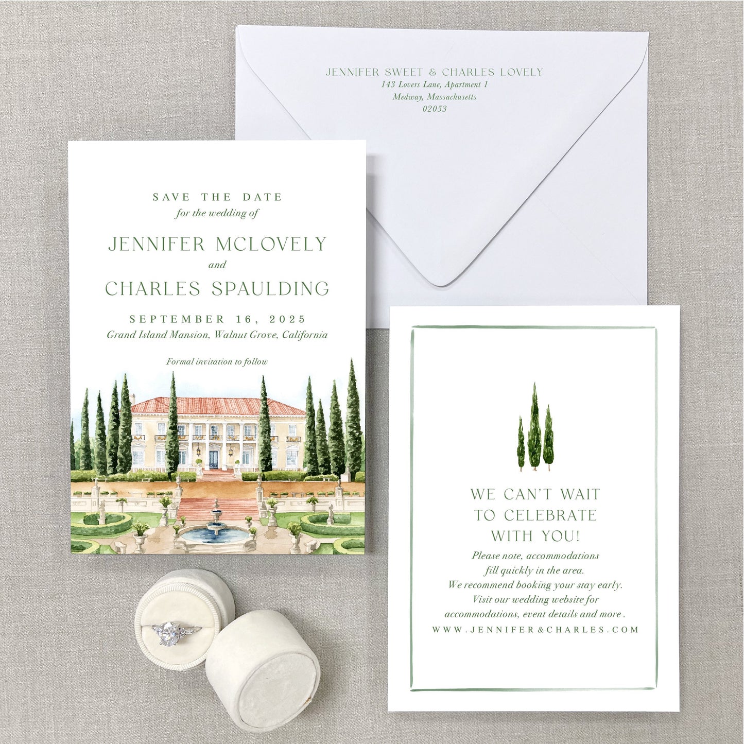 Grand Island Mansion, Walnut Grove, California Watercolor Wedding Save The Dates