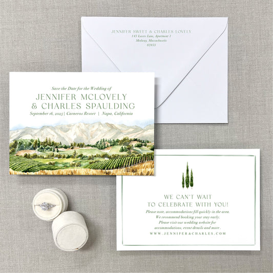 Carneros Resort, Napa, California Watercolor Wedding Save The Dates
