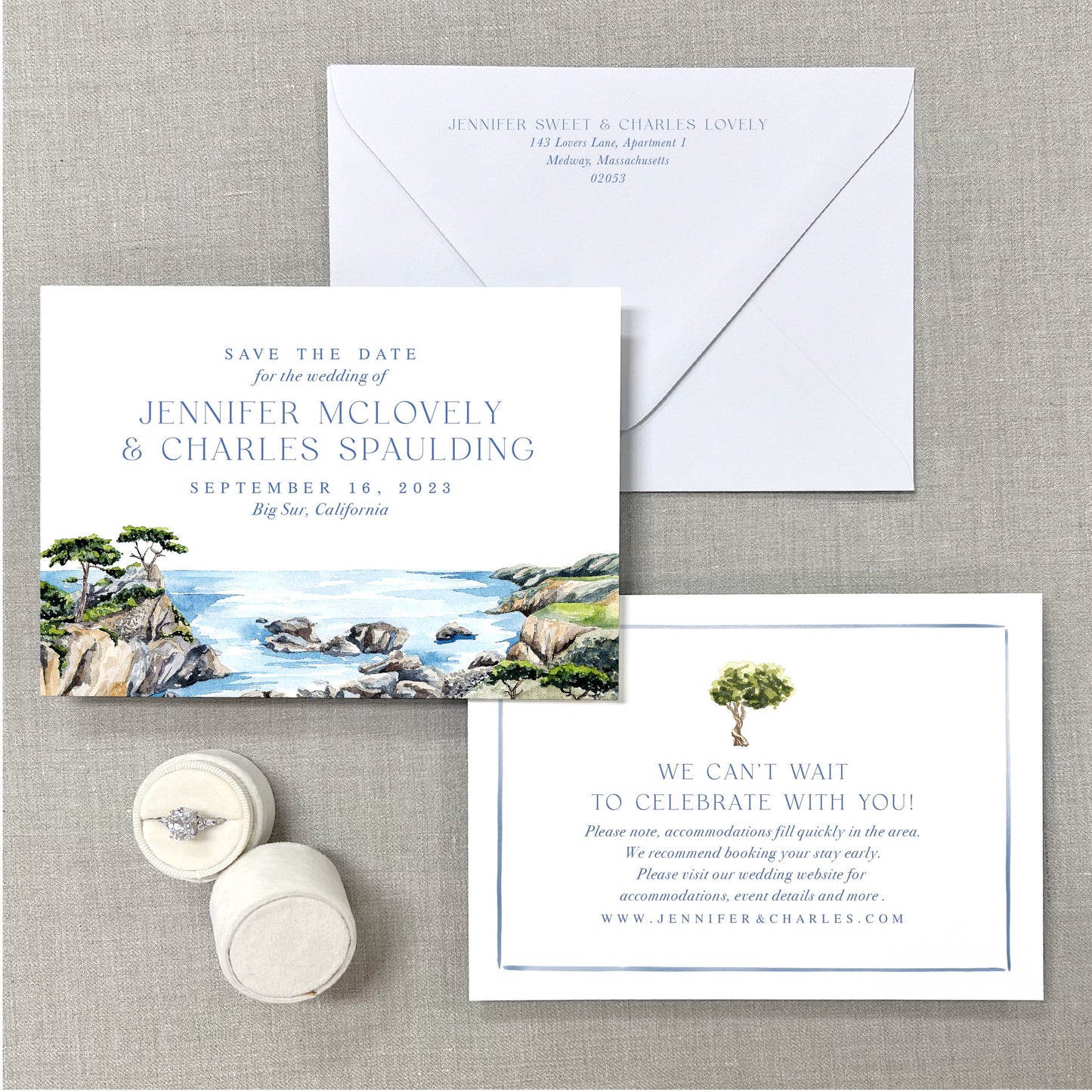 Big Sur Cliff Water Scene, California Watercolor Wedding Venue Save The Dates