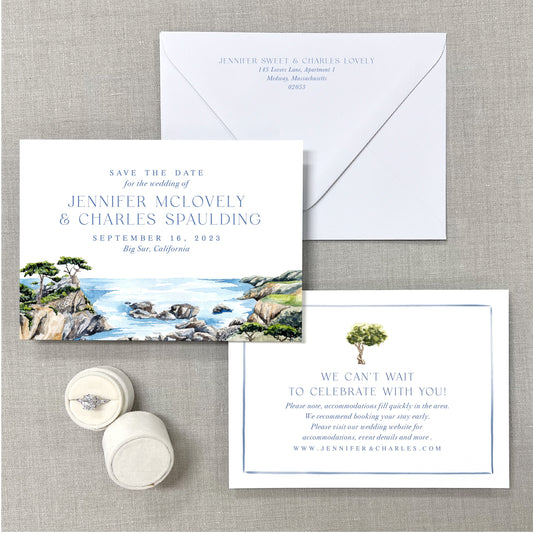 Big Sur Cliff Water Scene, California Watercolor Wedding Venue Save The Dates