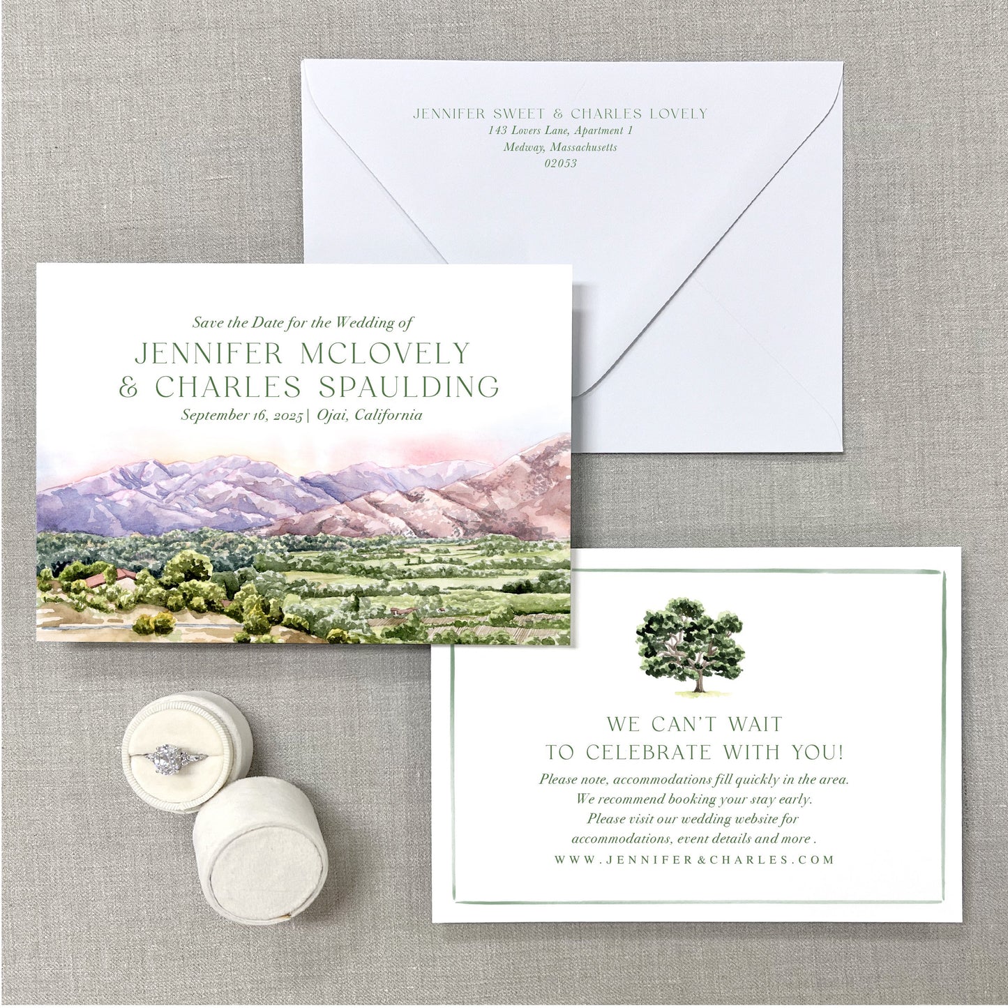 Ojai Mountain Scene, California Watercolor Wedding Venue Save The Dates