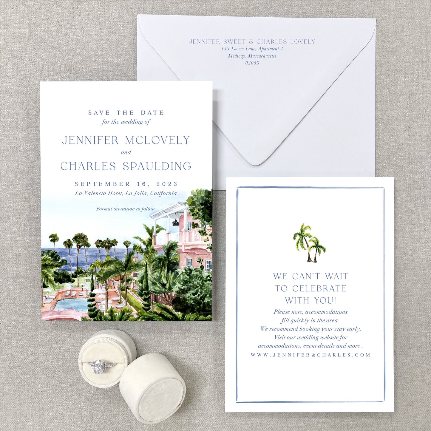 La Valencia Hotel, La Jolla, California Watercolor Wedding Venue Save The Dates