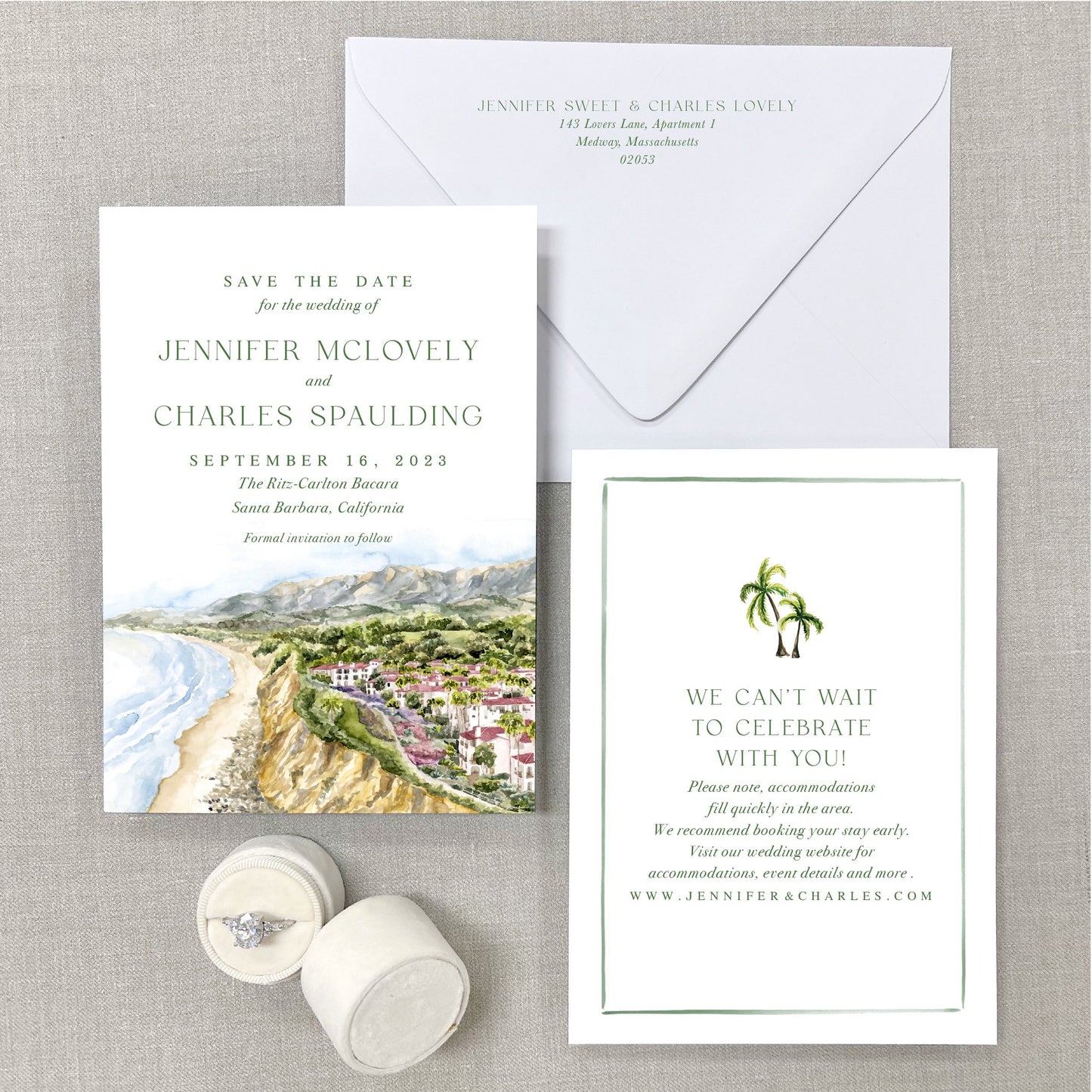 Ritz-Carlton Bacara, Santa Barbara, California Watercolor Wedding Venue Save The Dates