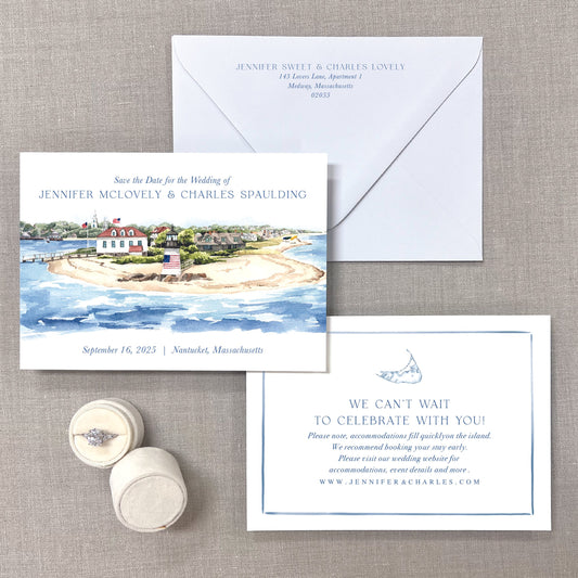 Brant Point, Nantucket Harbor, Nantucket, Massachusetts Watercolor Venue Save The Dates
