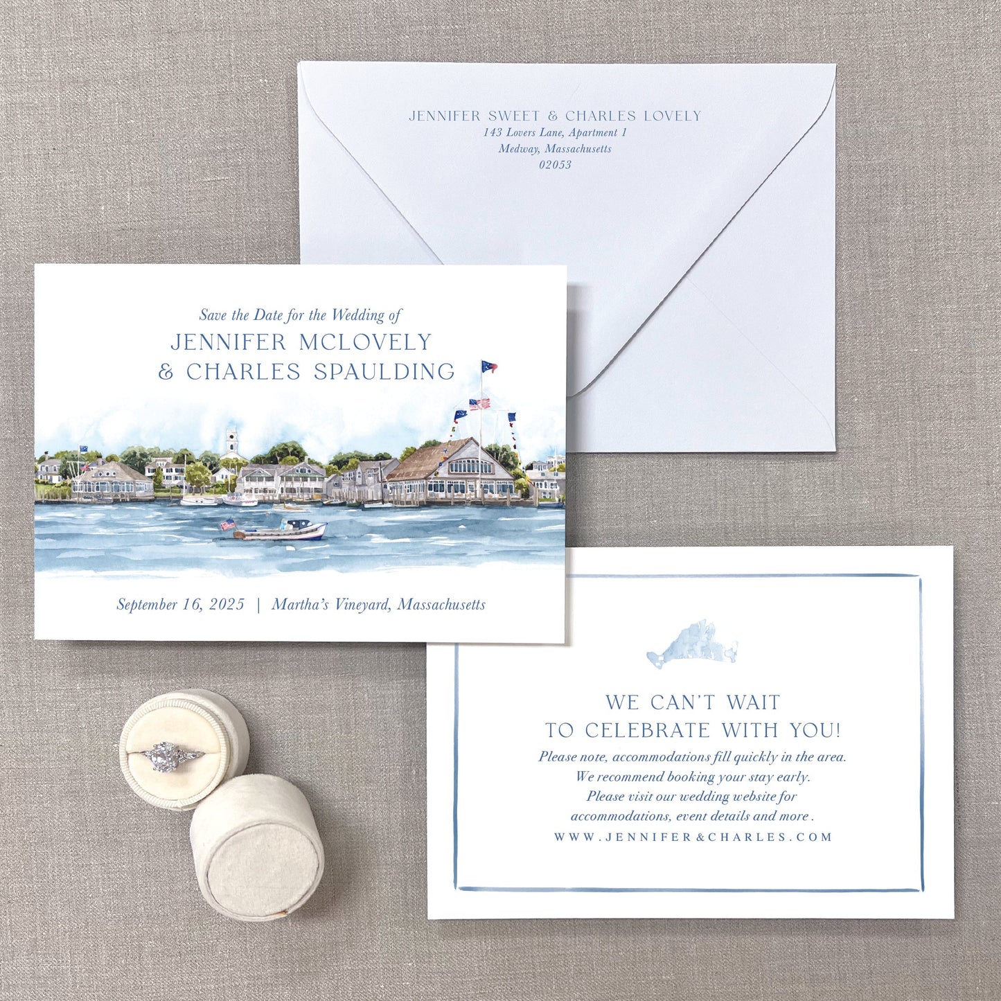 Marthas Vineyard Harbor, Edgartown Yacht Club, Massachusetts Watercolor Venue Save The Dates