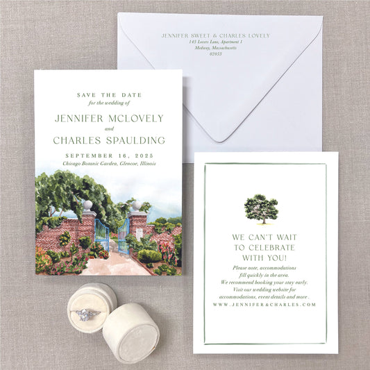 Chicago Botanic Garden, Glencoe, Illinois, Watercolor Venue Save The Dates