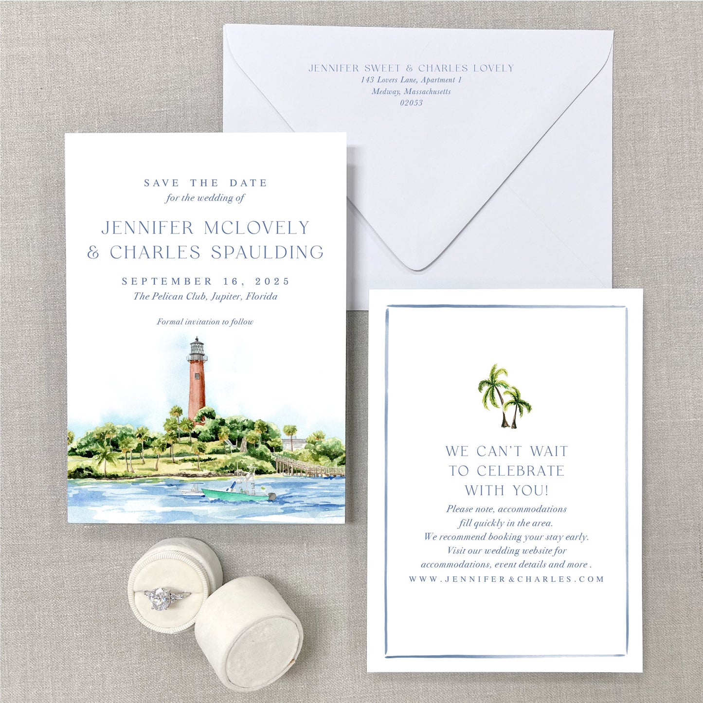 Pelican Club, Jupiter, Florida Watercolor Wedding Save The Dates