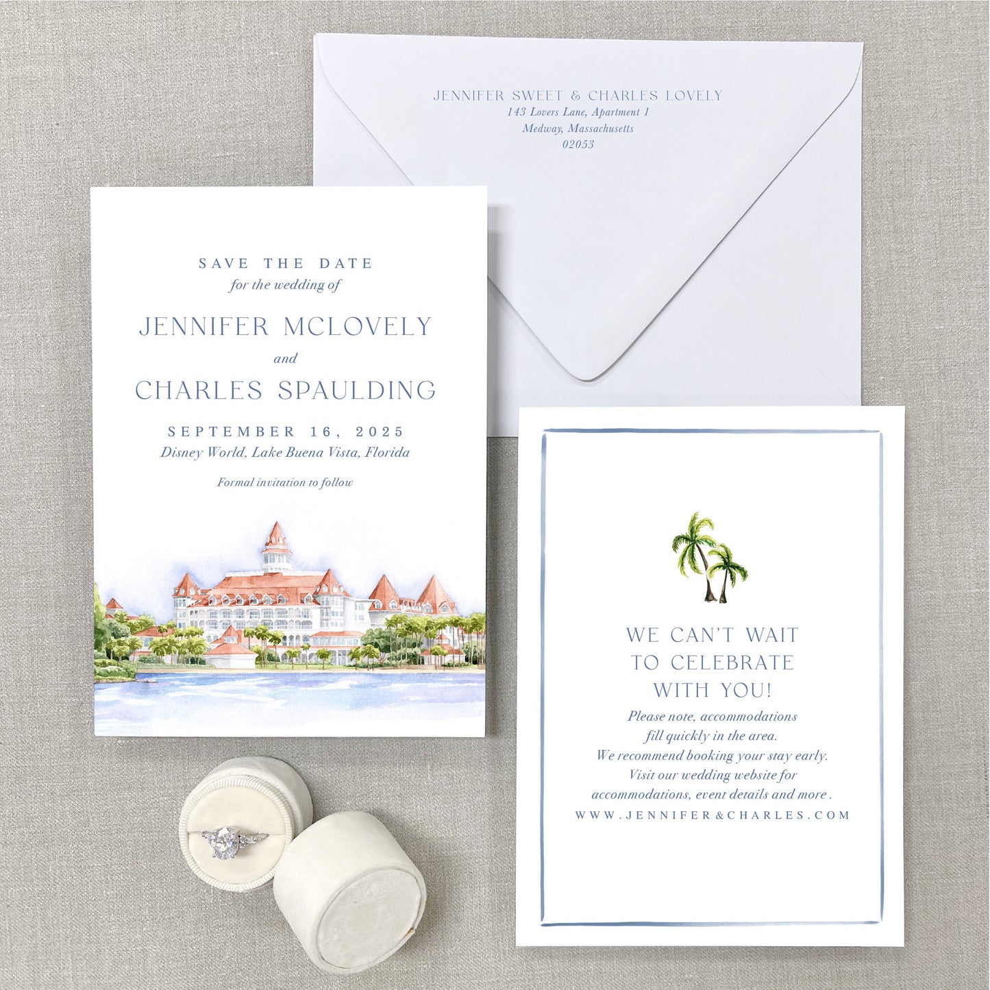 Disney Grand Floridian, Florida Watercolor Wedding Save The Dates