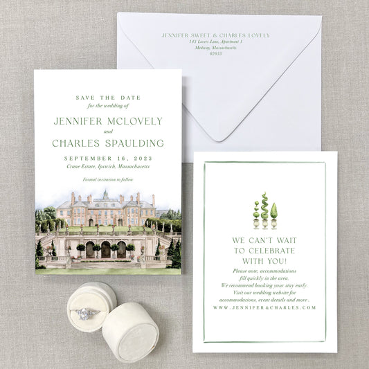 Crane Estate, Ipswich, Massachusetts Watercolor Venue Save The Dates