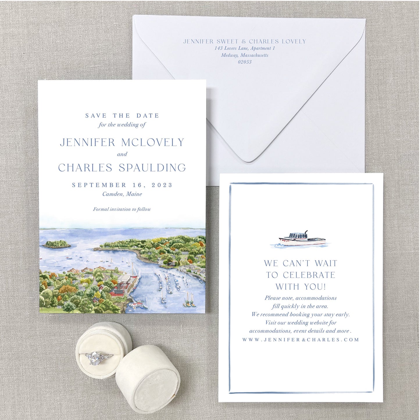 Camden Harbor Scene, Maine Watercolor Venue Save The Dates