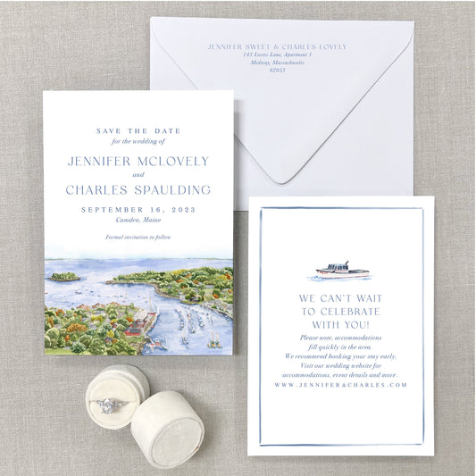 Camden Harbor Scene, Maine Watercolor Venue Save The Dates