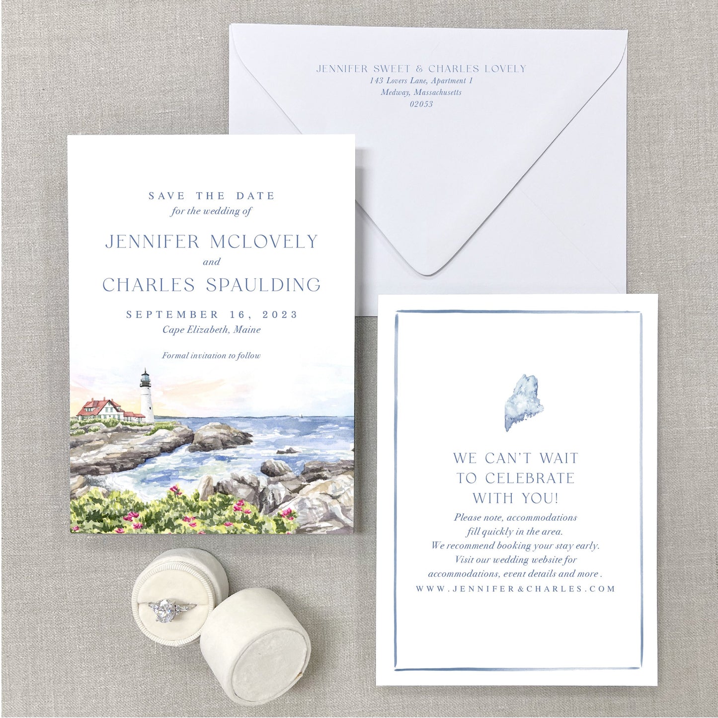Cape Elizabeth Lighthouse, Two Lights State Park Scene, Maine Watercolor Venue Save The Dates