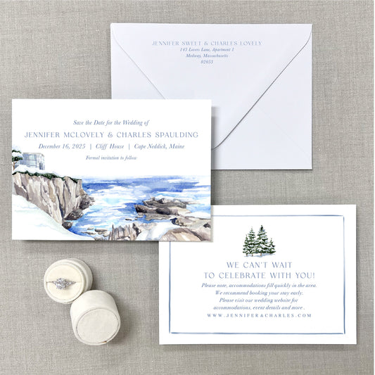 Cliff House (Winter Cliff View), Cape Neddick Maine Watercolor Venue Save The Dates