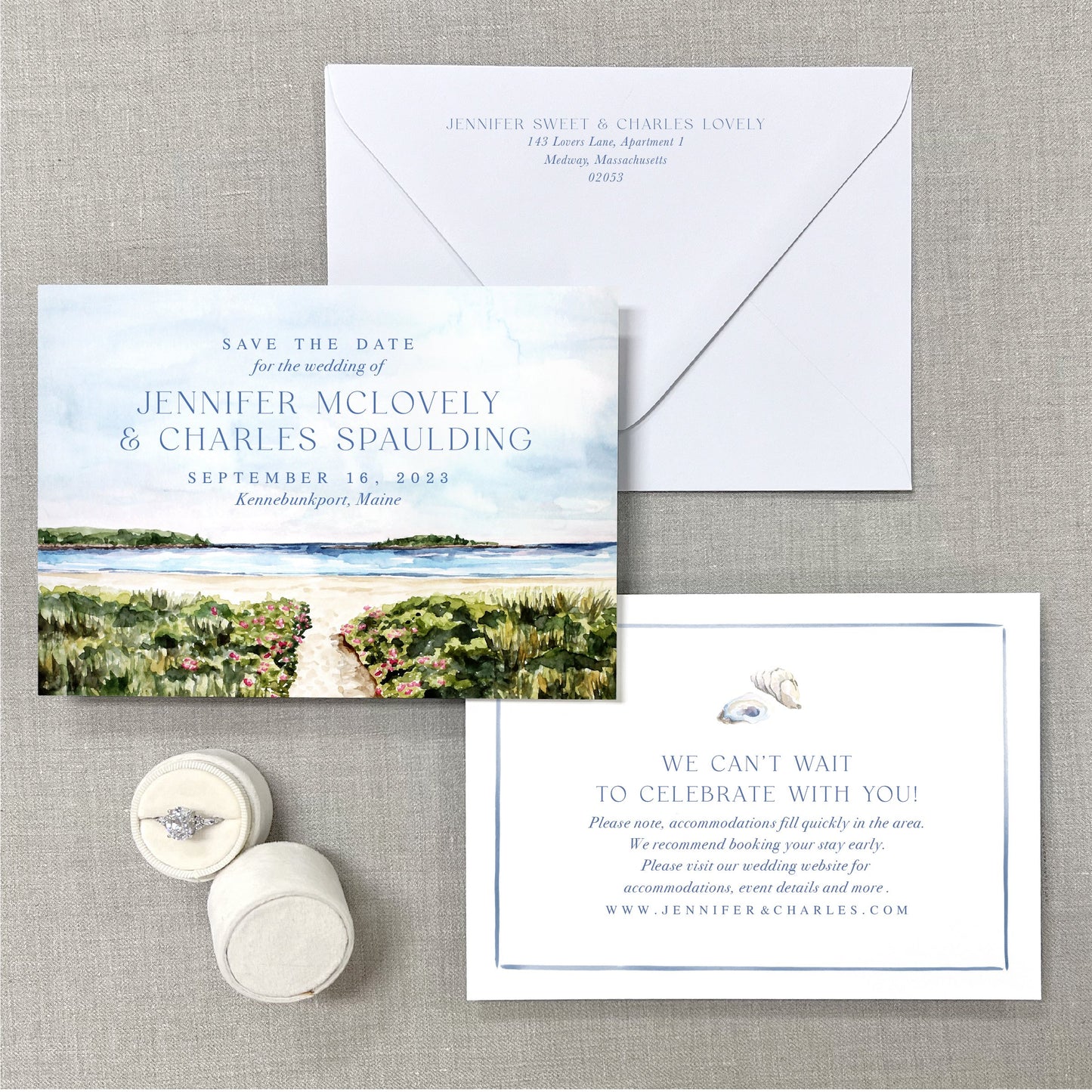 Kennebunkport Beach, Maine Watercolor Scene Save The Dates