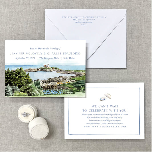 Viewpoint Hotel, Lighthouse, York, Maine Watercolor Venue Save The Dates