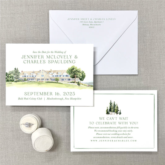 Bald Peak Colony Club, Moultonboro, New Hampshire, Watercolor Venue Save The Dates