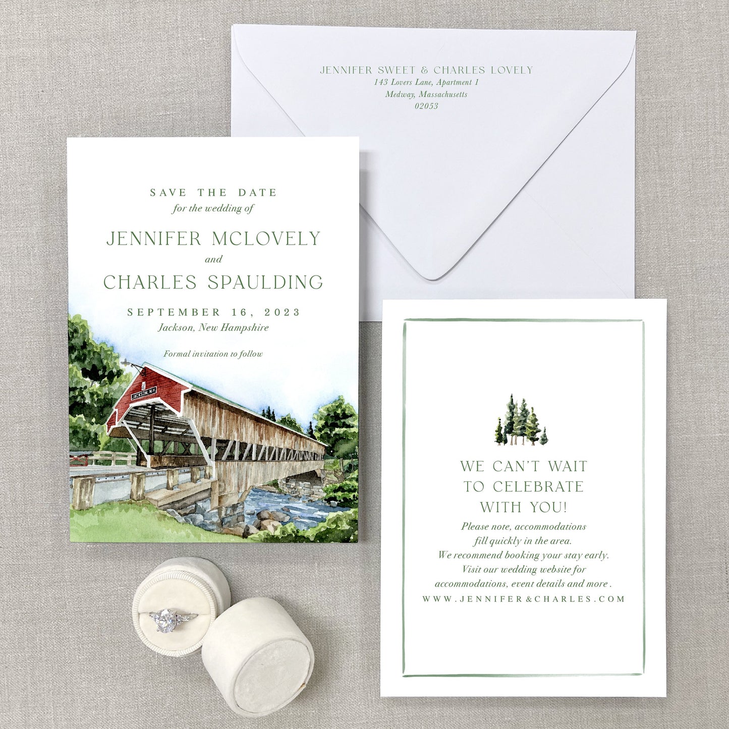 Honeymoon Covered Bridge, Jackson, New Hampshire Watercolor Save The Dates