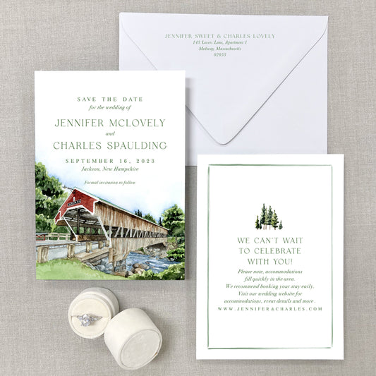 Honeymoon Covered Bridge, Jackson, New Hampshire Watercolor Save The Dates