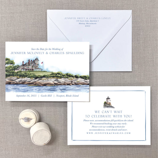 Castle Hill (Water Scene), Newport, Rhode Island Watercolor Venue Save The Dates
