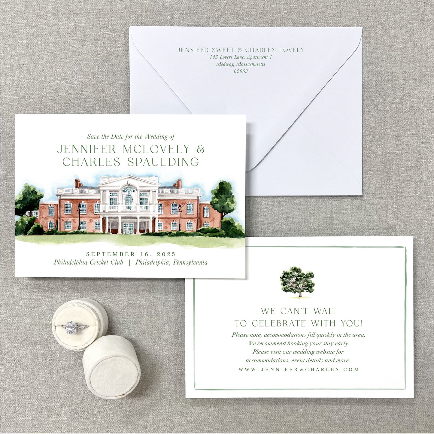 Philadelphia Cricket Club, Philadelphia, Pennsylvania, Watercolor Wedding Venue Save The Dates
