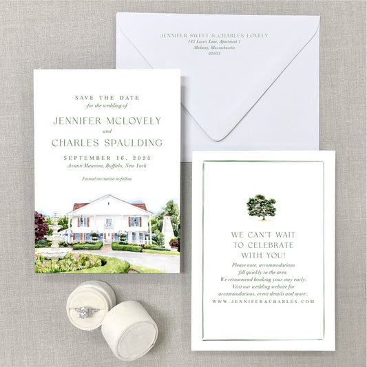 Avanti Mansion, Buffalo, New York, Watercolor Wedding Venue Save The Dates