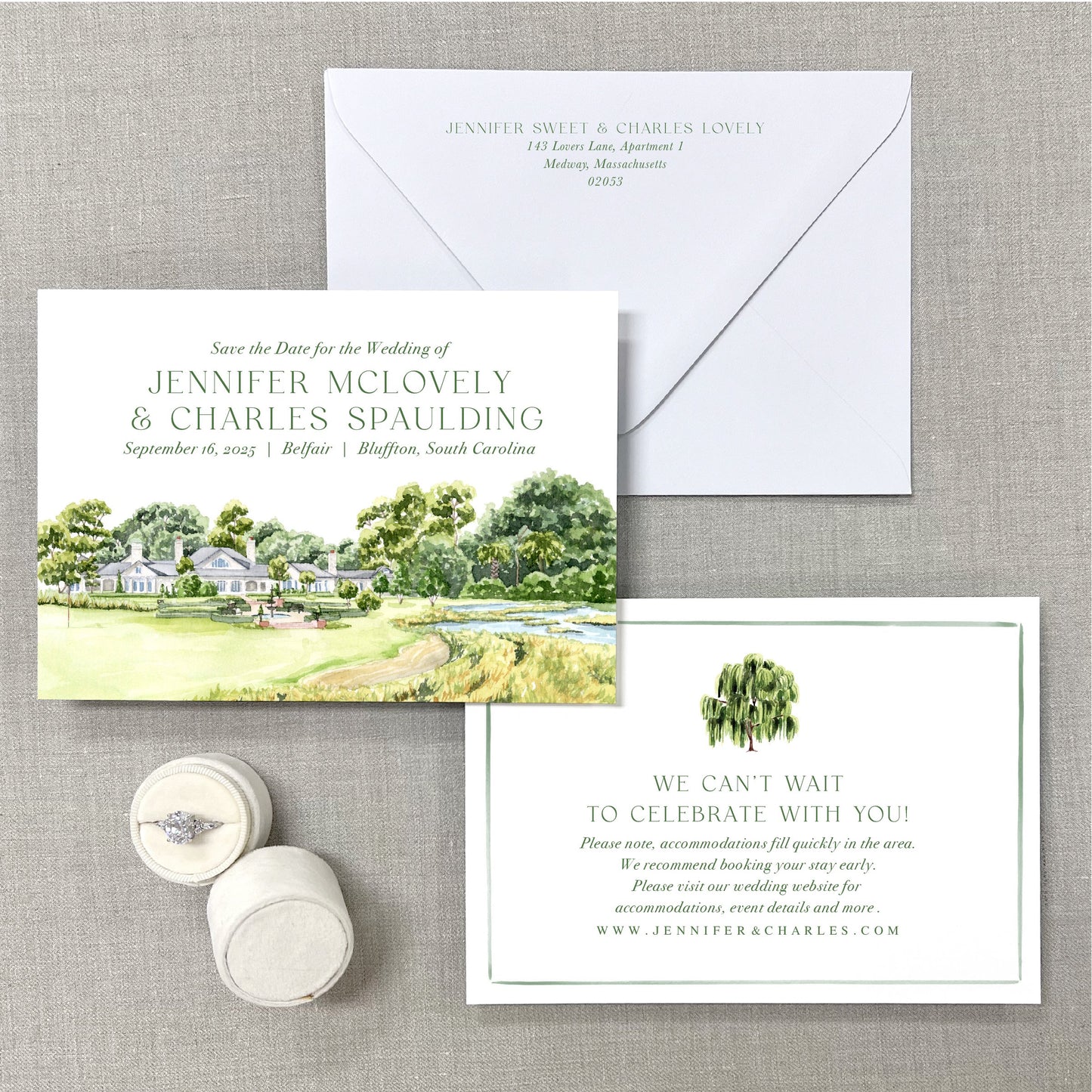 Belfair, Bluffton, South Carolina, Watercolor Wedding Venue Save The Dates