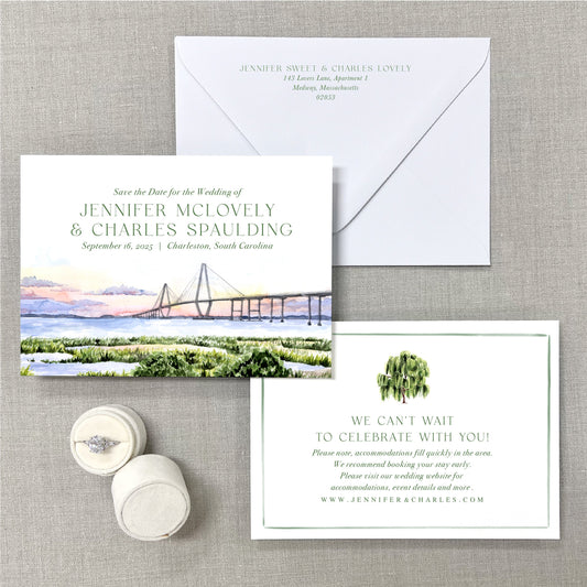 Charleston Bridge, South Carolina, Watercolor Wedding Venue Save The Dates