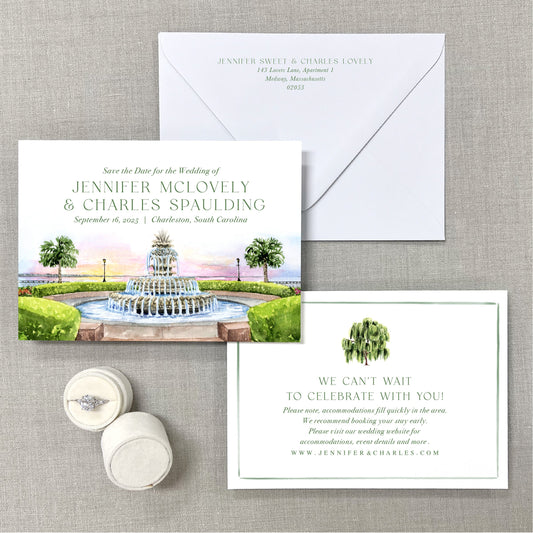 Charleston Pineapple Fountain, South Carolina, Watercolor Wedding Venue Save The Dates