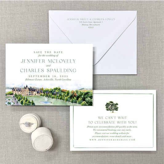 Biltmore Estate (Aerial View), Asheville, North Carolina, Watercolor Wedding Venue Save The Dates