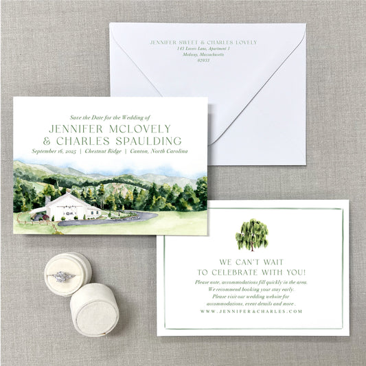 Chestnut Ridge, Canton, North Carolina, Watercolor Wedding Venue Save The Dates