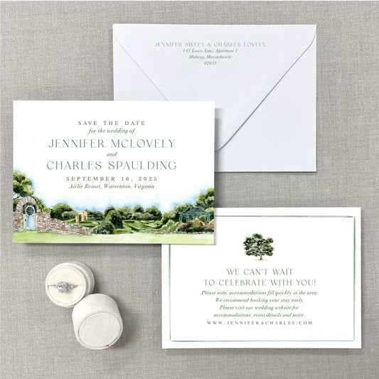 Airlie Resort, Warrenton, Virginia, Watercolor Wedding Venue Save The Dates