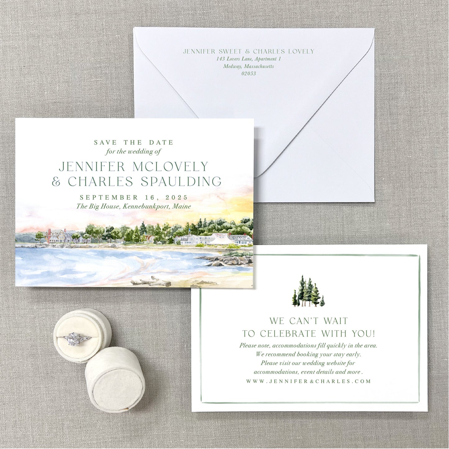 Big House, Kennebunkport Beach Scene, Maine, Watercolor Wedding Venue Save The Dates