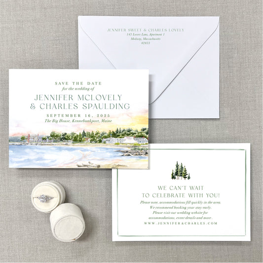 Big House, Kennebunkport Beach Scene, Maine, Watercolor Wedding Venue Save The Dates