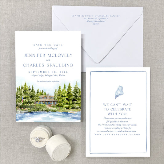 Migis Lodge (Venue View), Sebago Lake, Maine, Watercolor Wedding Venue Save The Dates