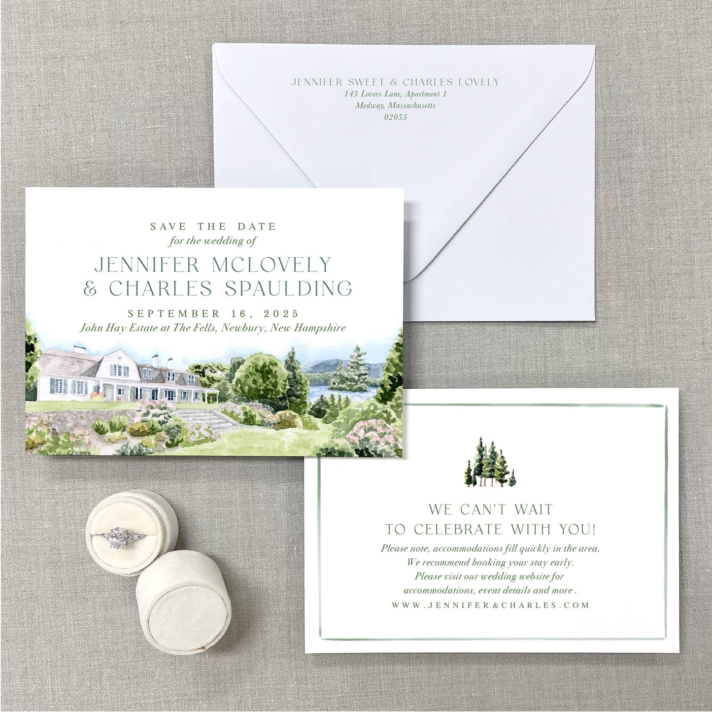 John Hay Estate At The Fells, Newbury, New Hampshire, Watercolor Wedding Venue Save The Dates