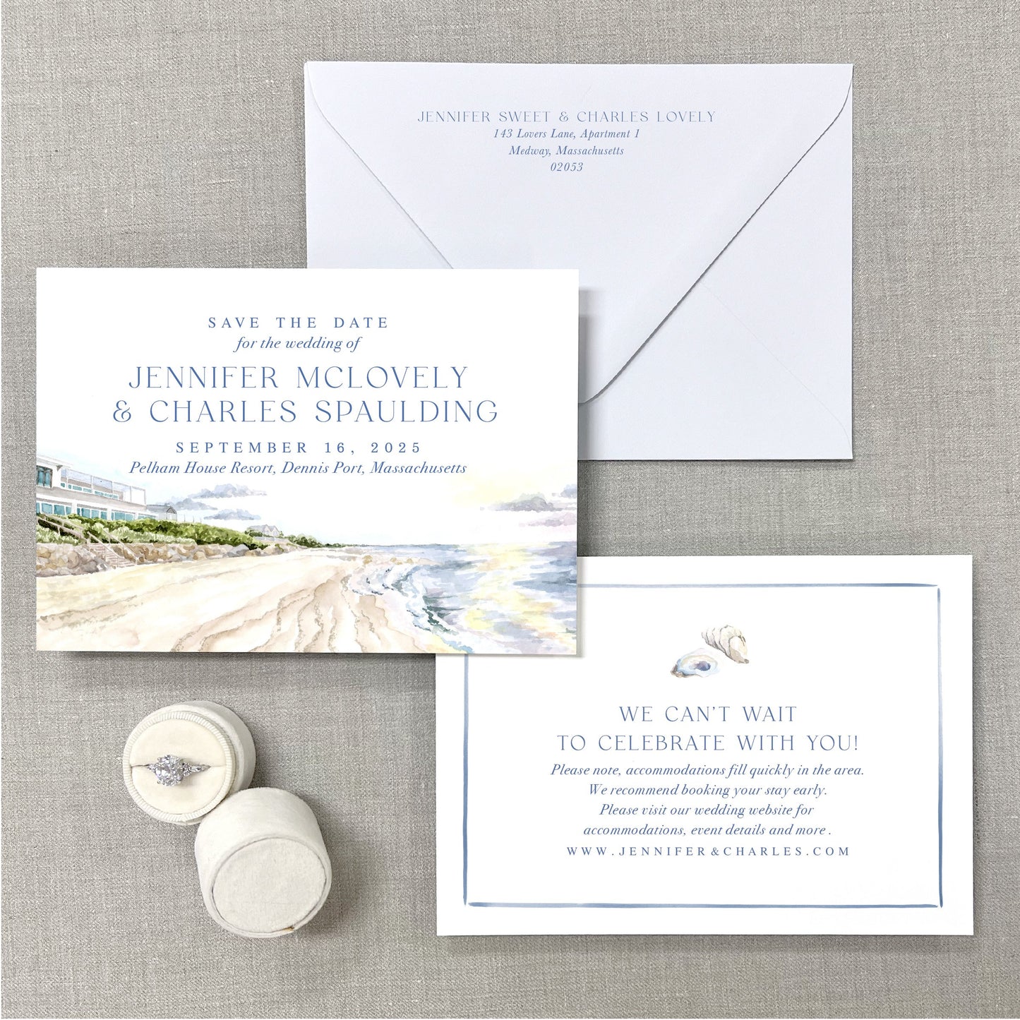 Pelham House Resort, Dennis Port, Massachusetts, Watercolor Wedding Venue Save The Dates