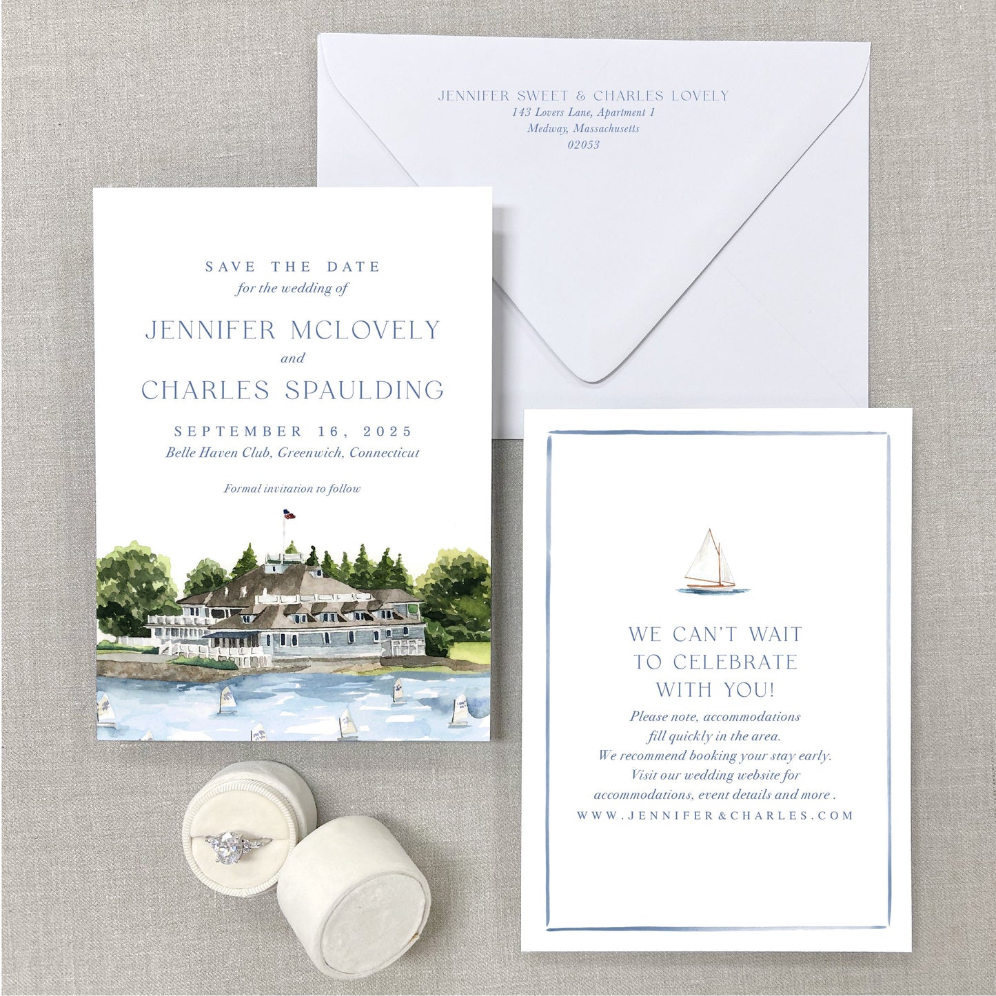 Belle Haven Club, Greenwich, Connecticut, Watercolor Wedding Venue Save The Dates